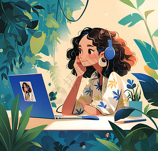家居女性形象使用电脑和耳机的女孩插画