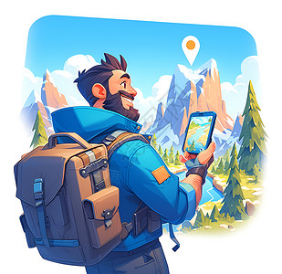 旅行装备促销探险者在山林中查看地图插画