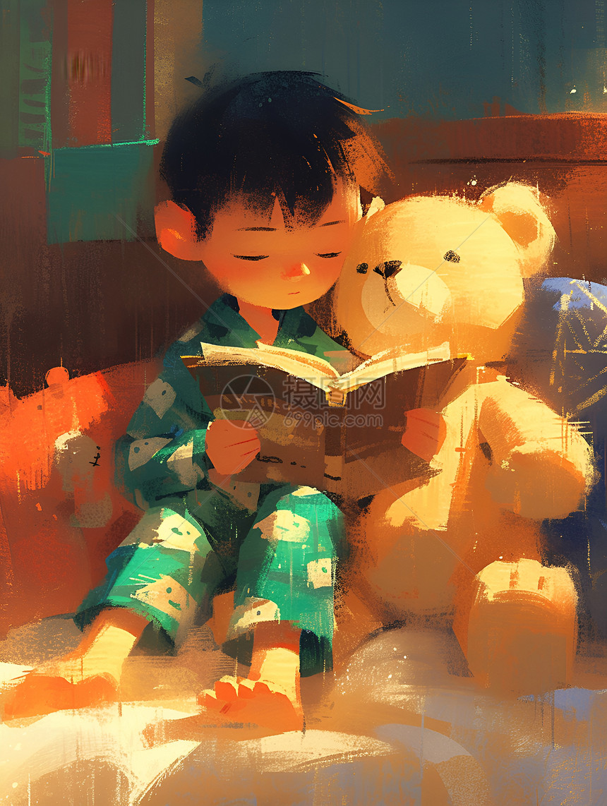 穿着睡衣的男孩给小熊读书图片