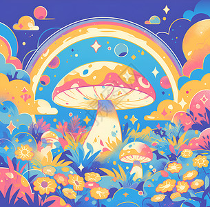 彩虹花海花海中的彩虹蘑菇插画