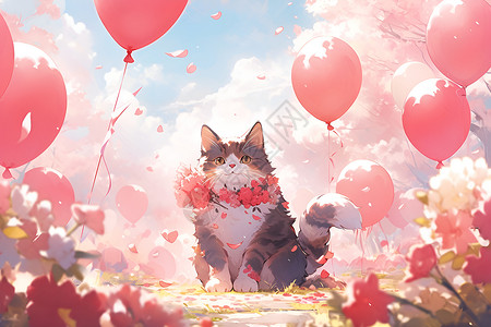 气球与猫素材樱花与幸运猫插画