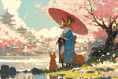 梦幻的狐狸与樱花背景图片