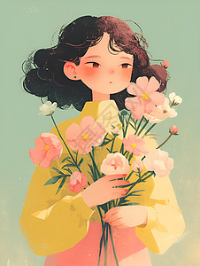 简约少女和鲜花背景图片