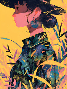 香飘四溢的少女和植物背景图片