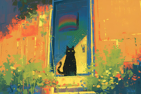 墙体彩绘彩绘门前的猫咪插画
