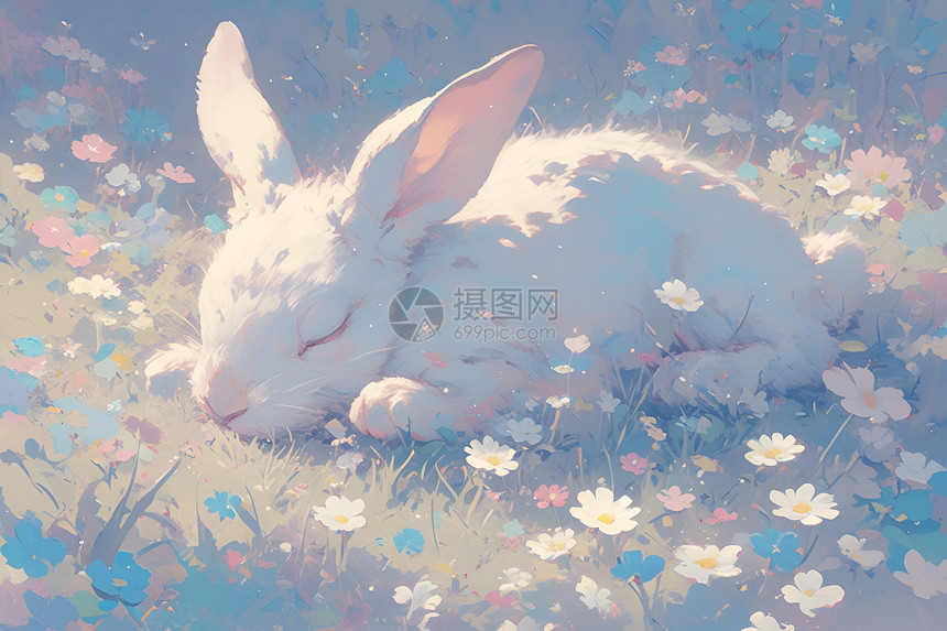 花海中沉睡的白兔图片