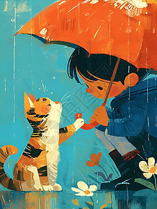 撑着伞的小男孩和猫咪背景图片