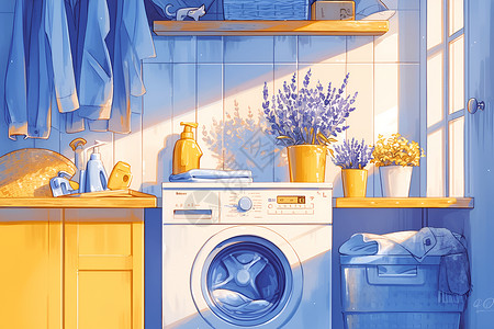 家居洗衣机洗衣房的阳光午后插画