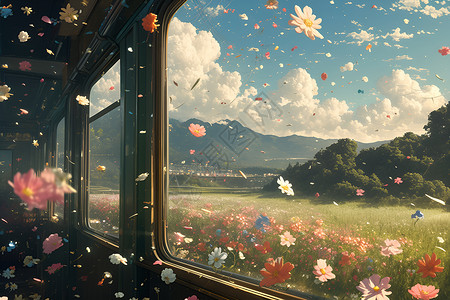 车窗风景火车驶过浪漫花海插画