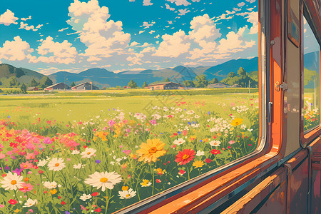 打开车窗列车经过盛开的花田插画