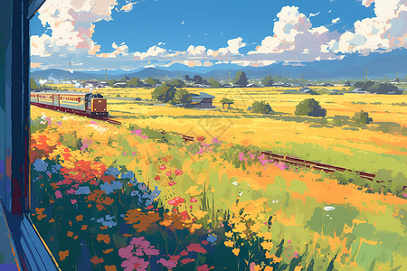 车窗风景绚烂花海中的列车插画