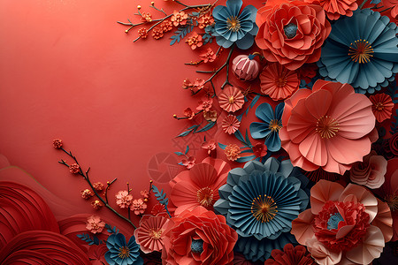 红色背景中的花与纸扇背景图片