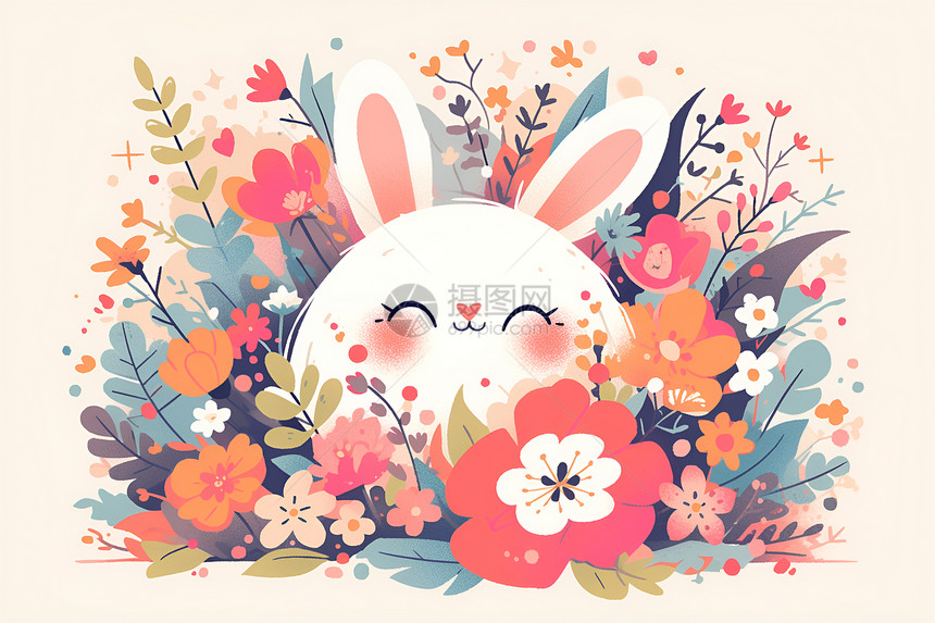 花海中的兔子插画图片