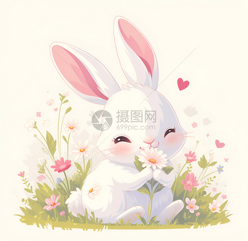 花丛中的可爱小兔子图片