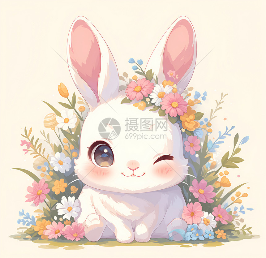 花丛中的可爱白兔图片