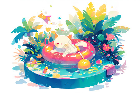 游泳圈上的猫咪背景图片