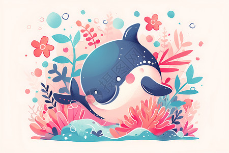 植物中的卡通可爱海豚背景图片