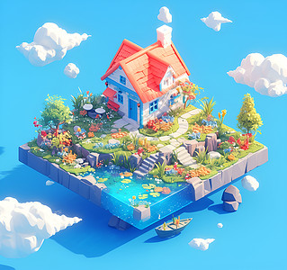 悬浮岛上的房屋背景图片