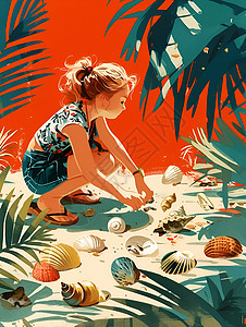 海滩上的女孩插画背景图片