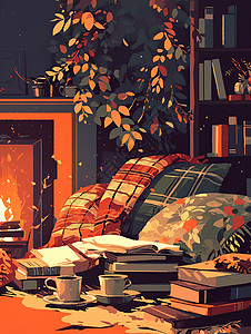 舒适温暖温馨夜晚的壁炉插画