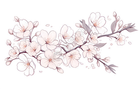 白背景上的花卉樱花分枝简约线稿插画