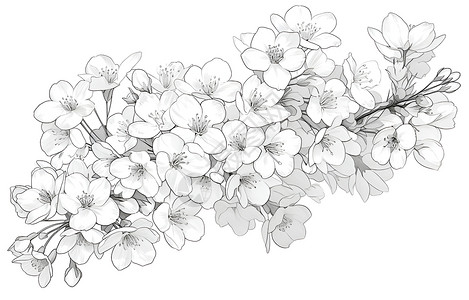 扁平线条樱花枝的简约线描插画