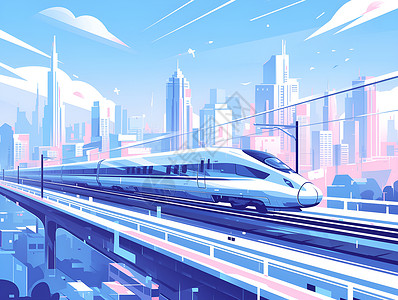高速轨道未来都市中的高速列车插画