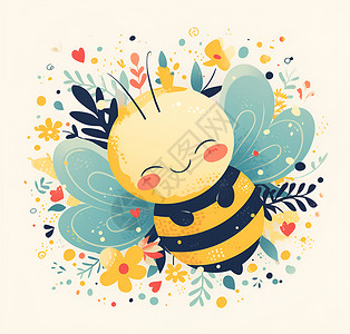 动物昆虫花海中的快乐蜜蜂插画