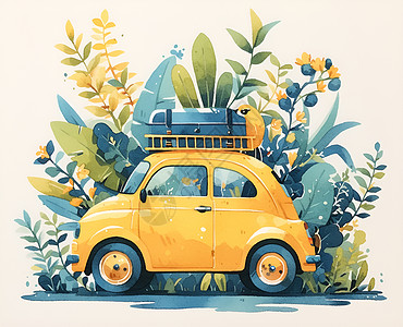 卡通汽车和花卉背景图片