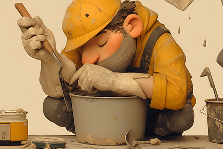 油漆工人刷墙拿着油漆桶的工人插画