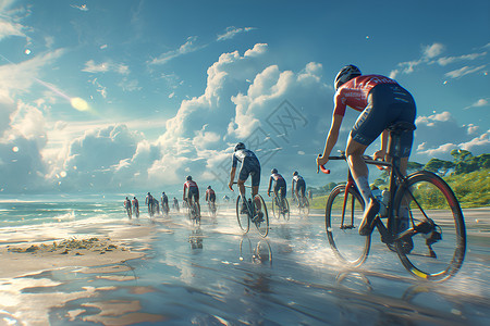 十里河滩河滩上的自行车赛插画