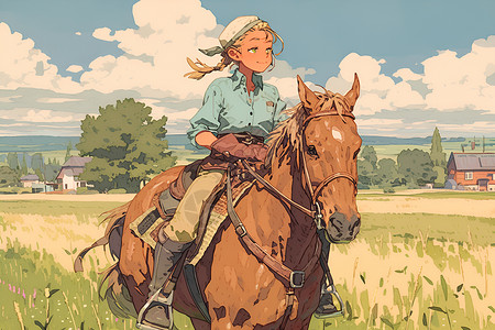 骑马钉田野上骑马的女孩插画