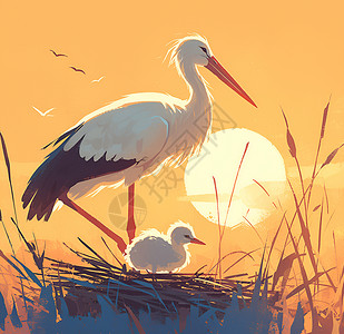 婴儿户外白鹳和宝宝在阳光下插画