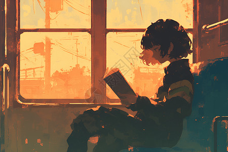 火车看书火车中看书的女子插画