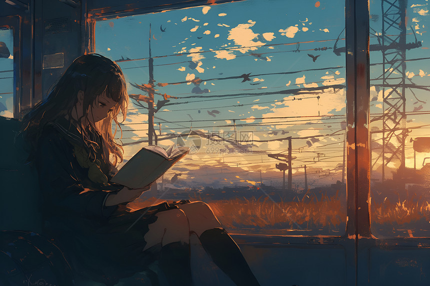 列车中看书的女孩图片