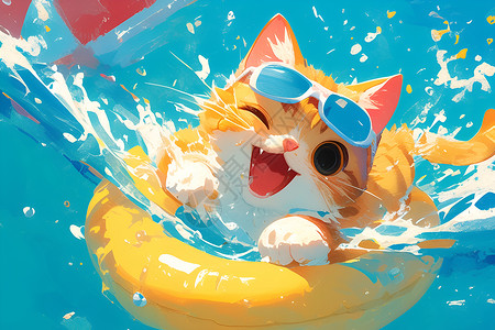 泳池玩耍游泳圈上的可爱猫咪插画