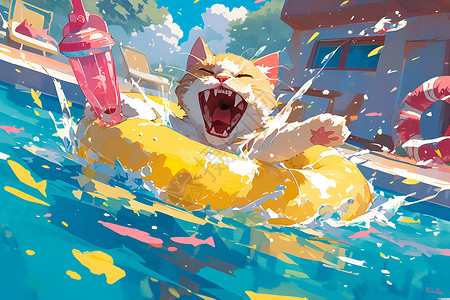 游泳圈上玩耍的猫咪背景图片
