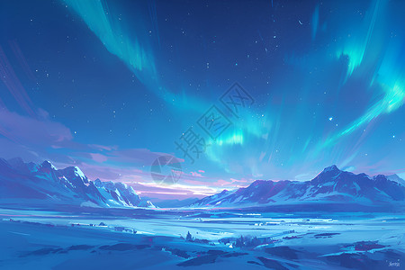 雪地星空夜空中闪烁的极光插画