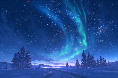 雪地星空夜色中的极光奇景插画