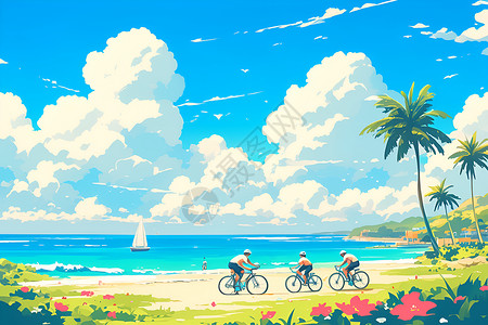 自行车野海边骑行插画