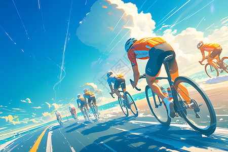 自行车骑行比赛蓝天飞骑插画