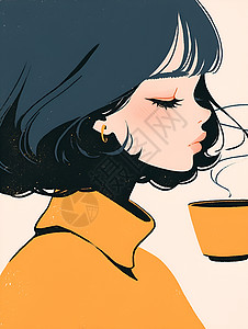少女品味茶香背景图片