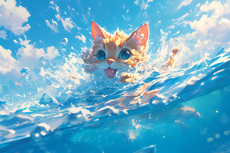 宠物游泳海中游弋的猫咪插画