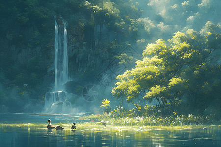 瀑布泄湖下的鸭子背景图片