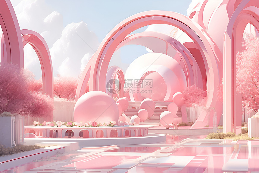 梦幻粉色拱门建筑图片