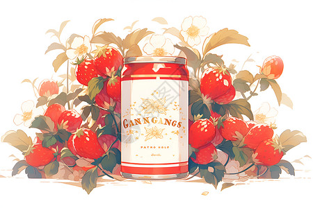 草莓丛里的罐头背景图片