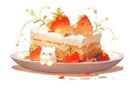 红颜奶油草莓盘子里的蛋糕插画