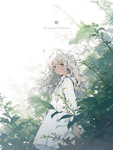 树丛里的白裙女孩背景图片
