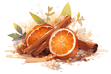 白芷香料肉桂和橙子插画