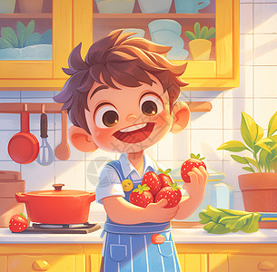 卡通男孩抱着草莓背景图片